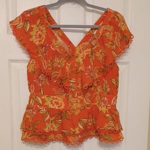 Rose & Olive Sz S,Orange Gold Ruffled Peplum Blouse